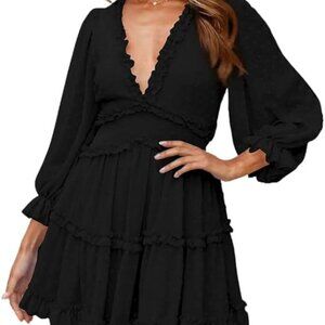 Polka Dot Deep V Neck Ruffle Long Sleeve Open Back Flowy Mini Dress